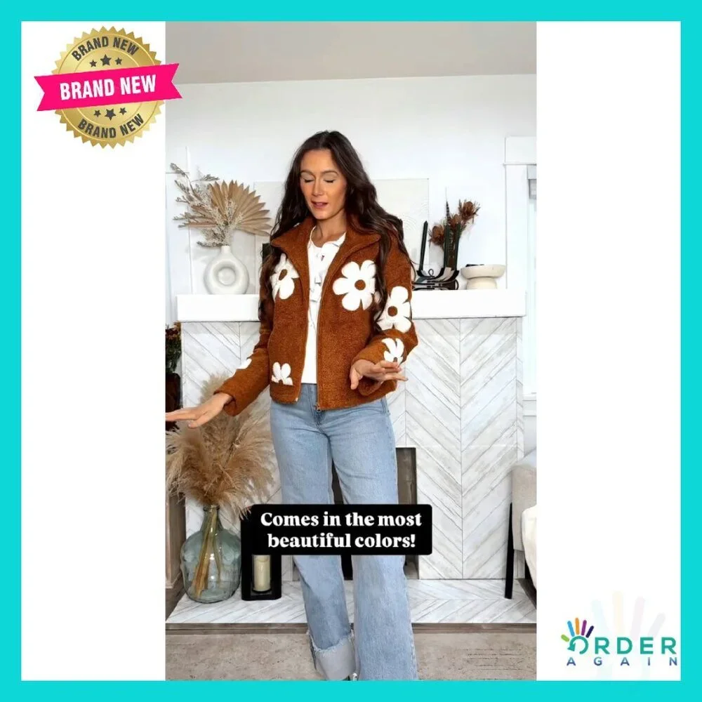 Floral Print Sherpa Fleece Cropped Jacket Oversized Y2K Chic Winter Casual